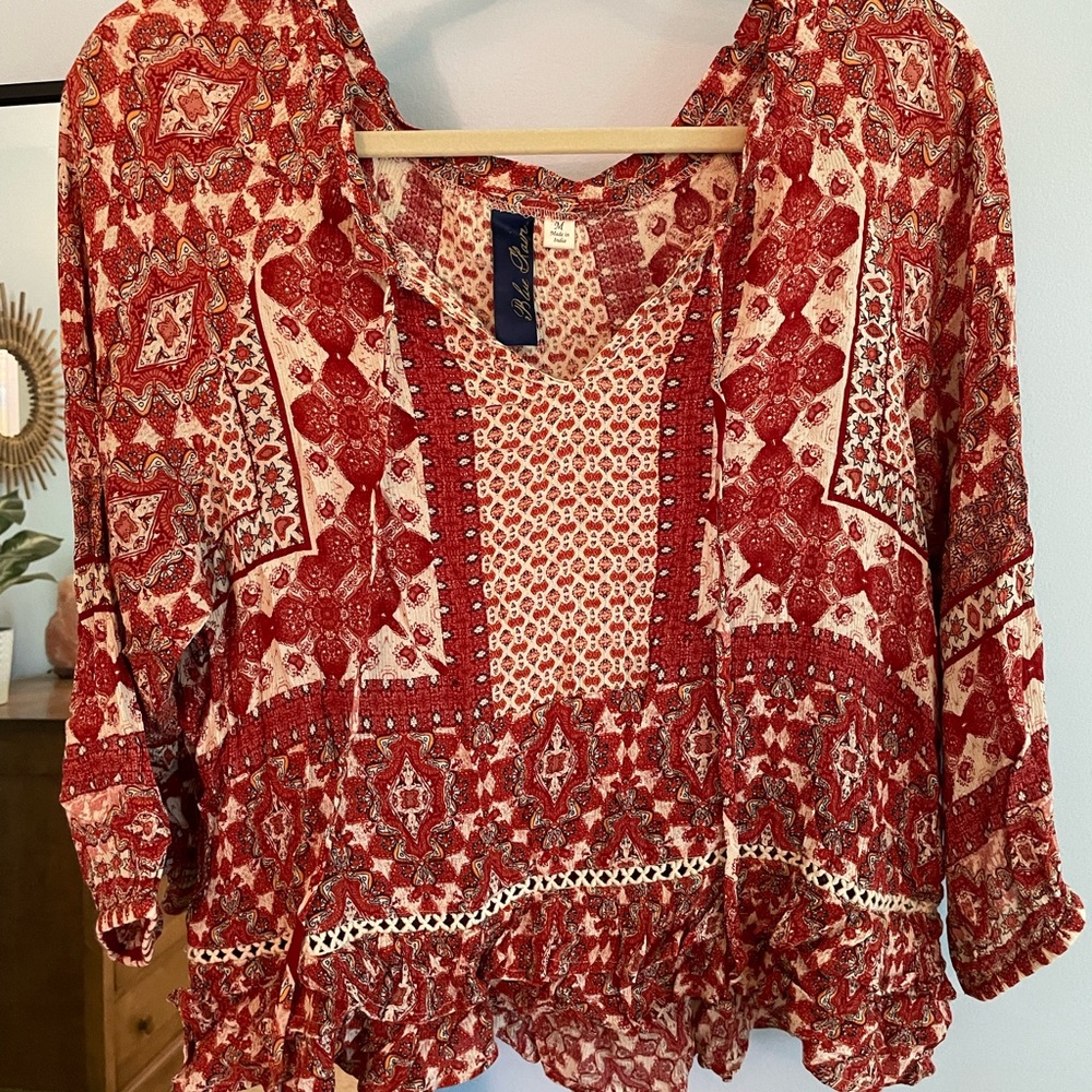 Blue Rain Red and Orange Graphic 3/4 Sleeve Blouse